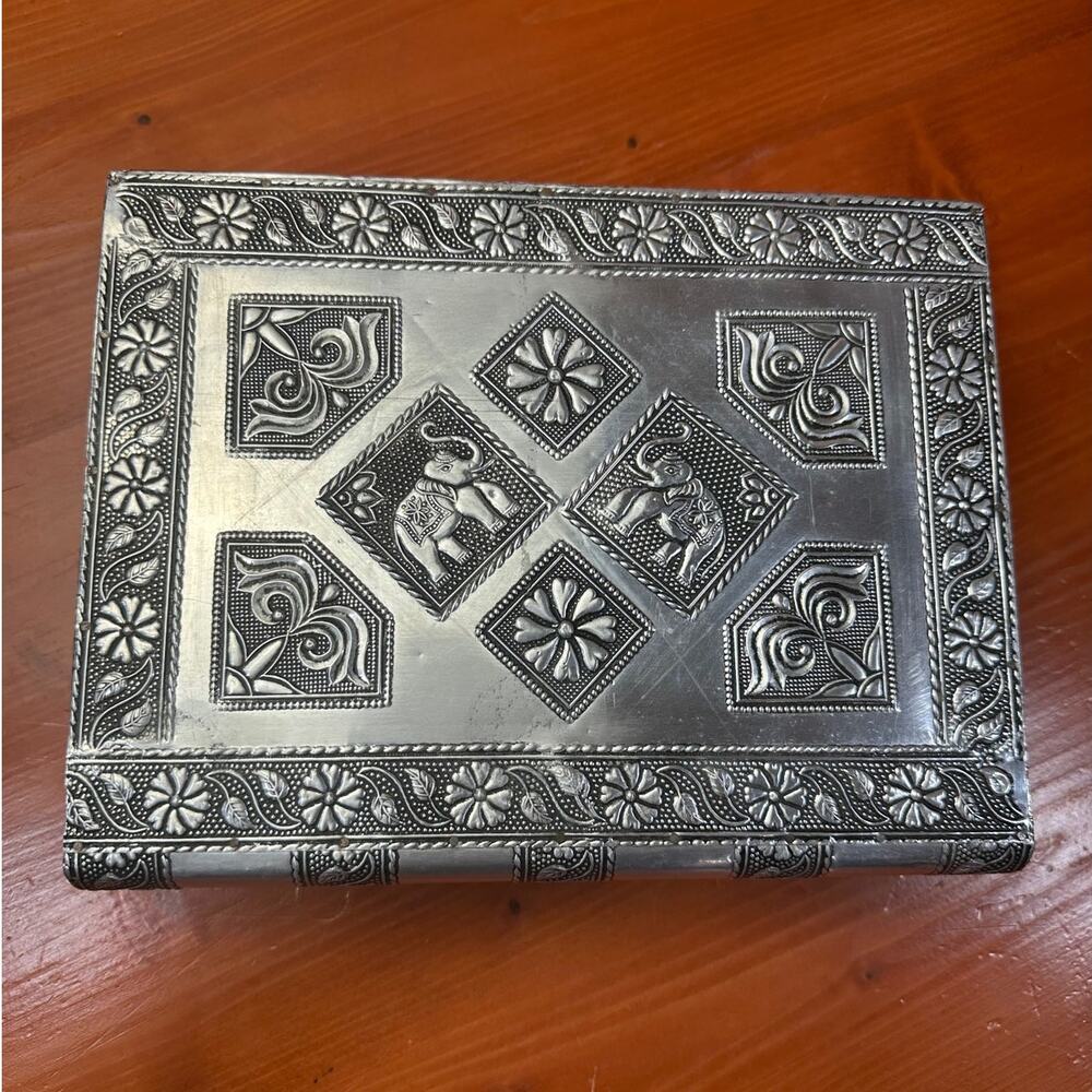 Vintage Silver and Black Etched Metal Faux Book Jewelry Case w/Elephant Motif